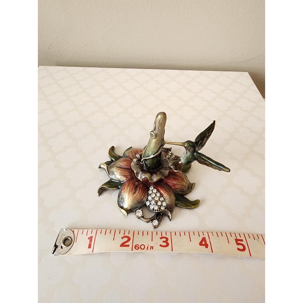 NIB Hummingbird Ring Holder Crystal Enamel Flowers Metal Jewelry Decor Vtg - Picture 11 of 12
